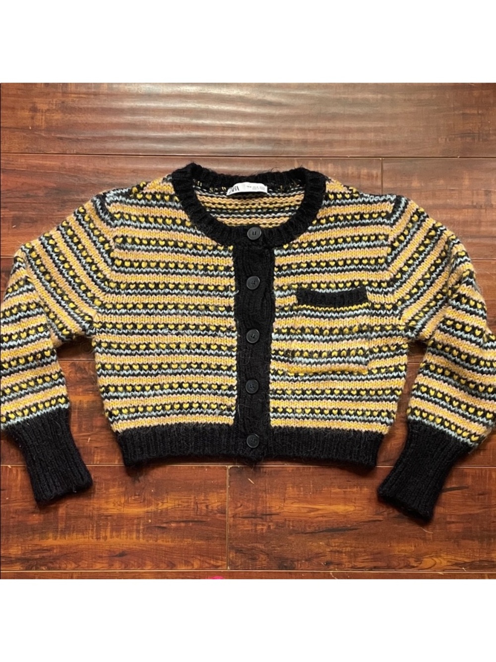 Zara Fair Isle Fuzzy Knit Cardigan Navy Yellow Pink Size S